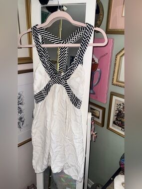 Vintage Melissa White Mini Dress with Black-and-White Striped Cross Back